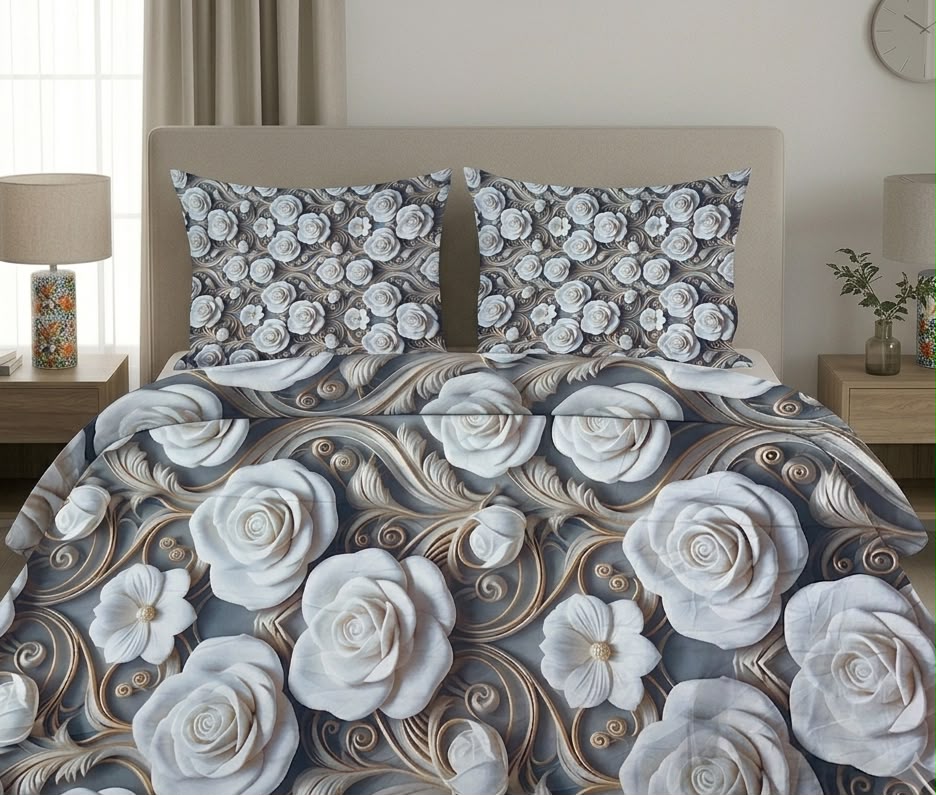 3D Bedsheet- D15 Roses Grey