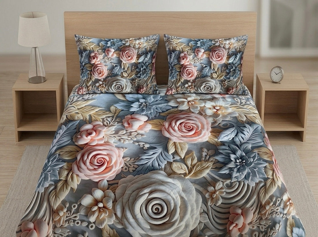 3D Bedsheet- D12 White Peach
