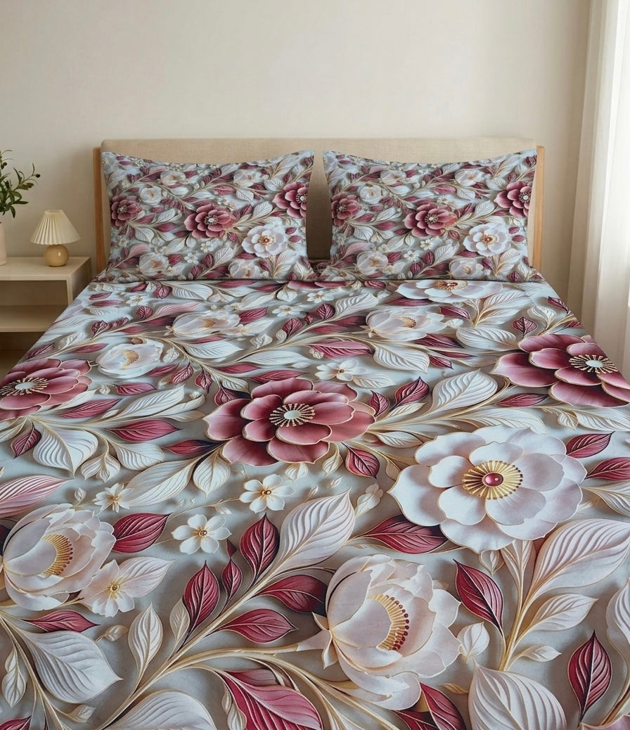 3D Bedsheet- D8 Red Jasmine