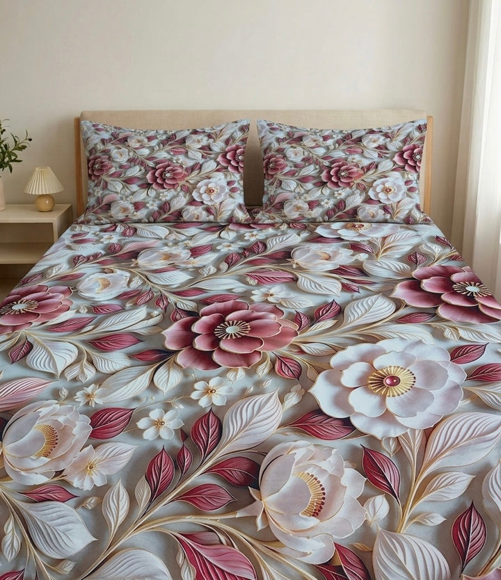 3D Bedsheet- D8 Red Jasmine