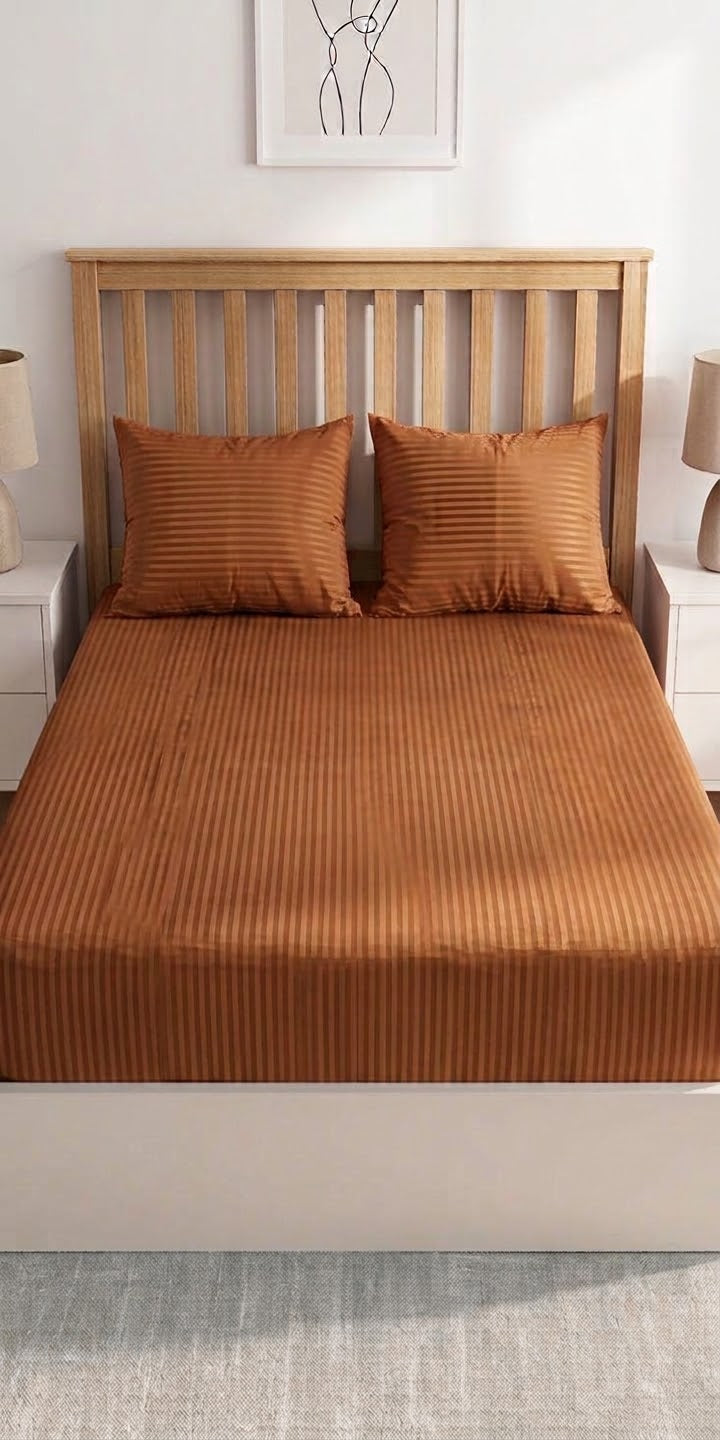 Rusty Satin Stripe - Fitted Sheet Set