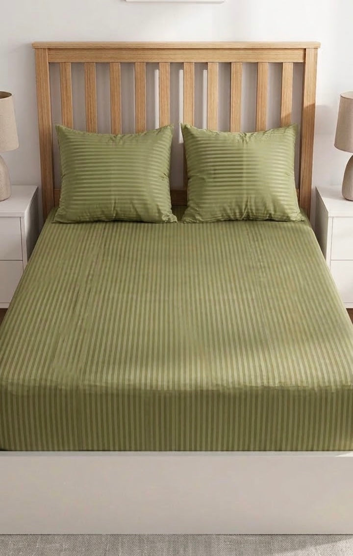 Olive Satin Stripe - Fitted Sheet Set