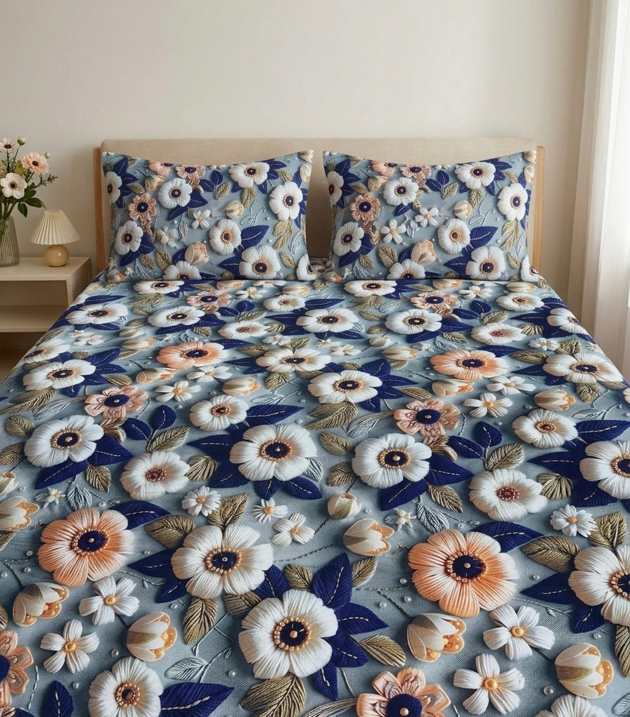 3D Bedsheet- D7 Emb Flowers O2