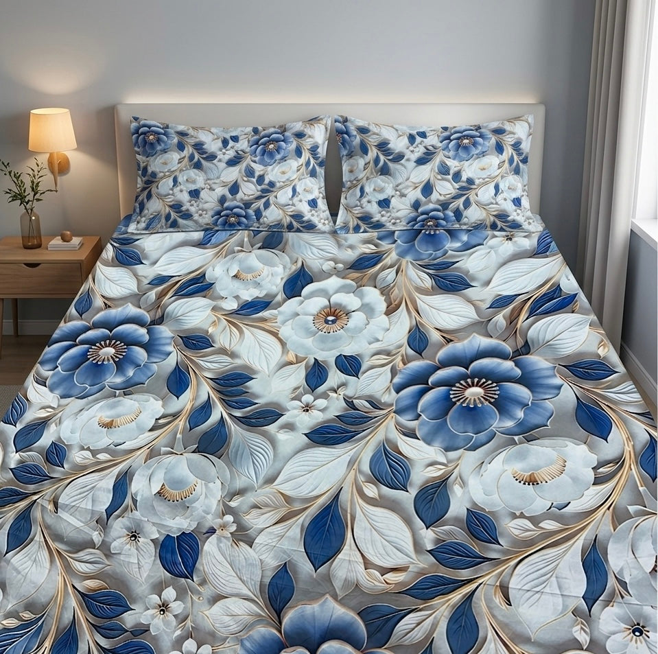 3D Bedsheet- D8 Blue Jasmine