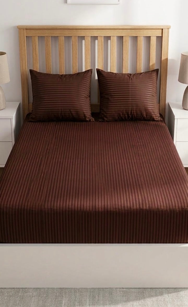 Brown Satin Stripe - Fitted Sheet Set