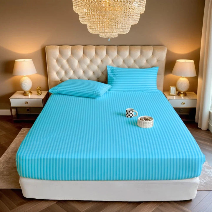 Sky Blue Satin Stripe - Fitted Sheet Set