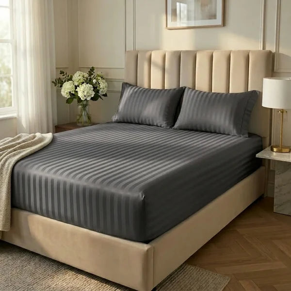 Dark Grey Satin Stripe - Fitted Sheet Set