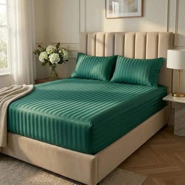 Green Satin Stripe - Fitted Sheet Set
