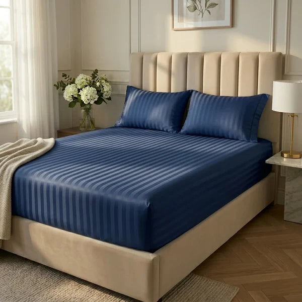 Navy Satin Stripe - Fitted Sheet Set