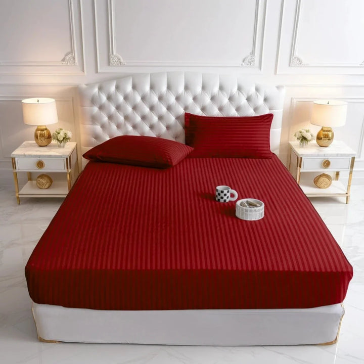 Deep Red Satin Stripe - Fitted Sheet Set