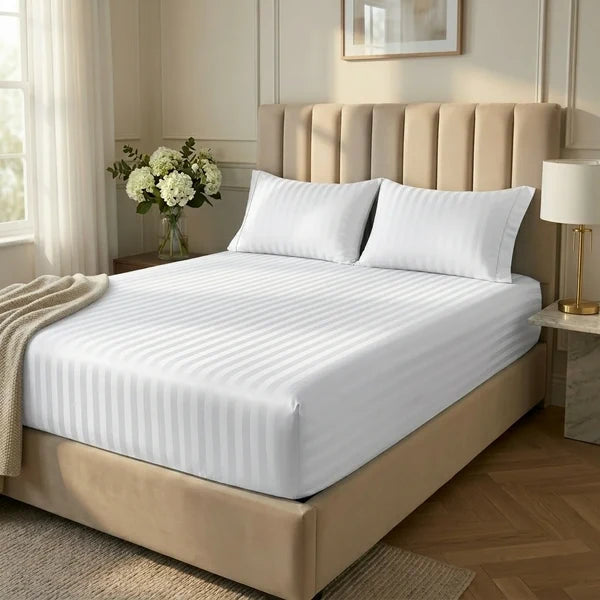 White Satin Stripe - Fitted Sheet Set